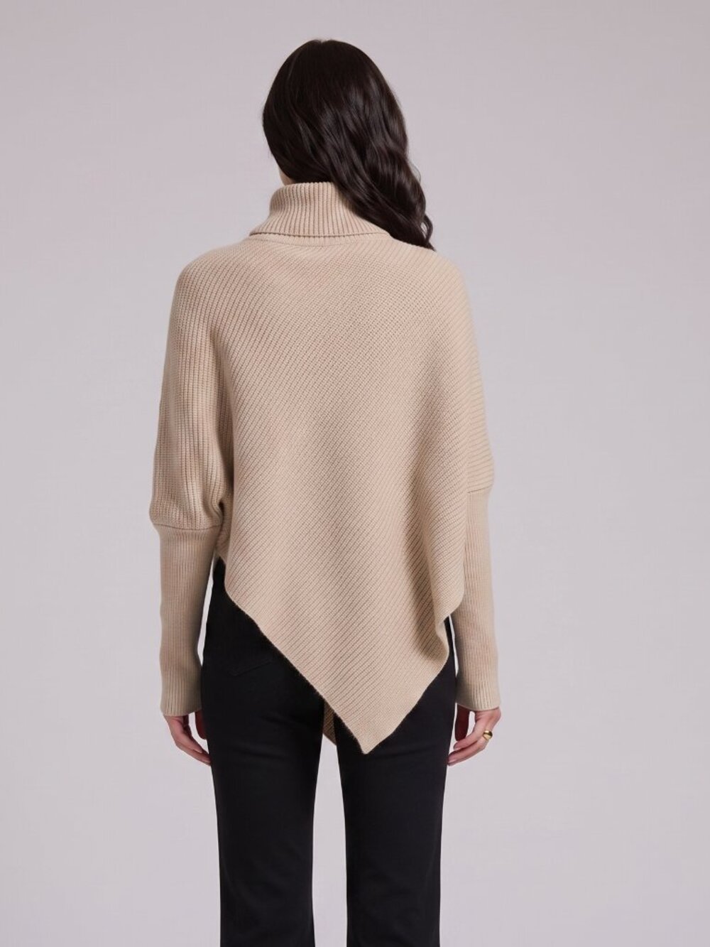 Women's Beige Turtleneck Poncho Sweater Off Shoulder Wrap Fall Winter Knit Cape - Picture 2 of 3
